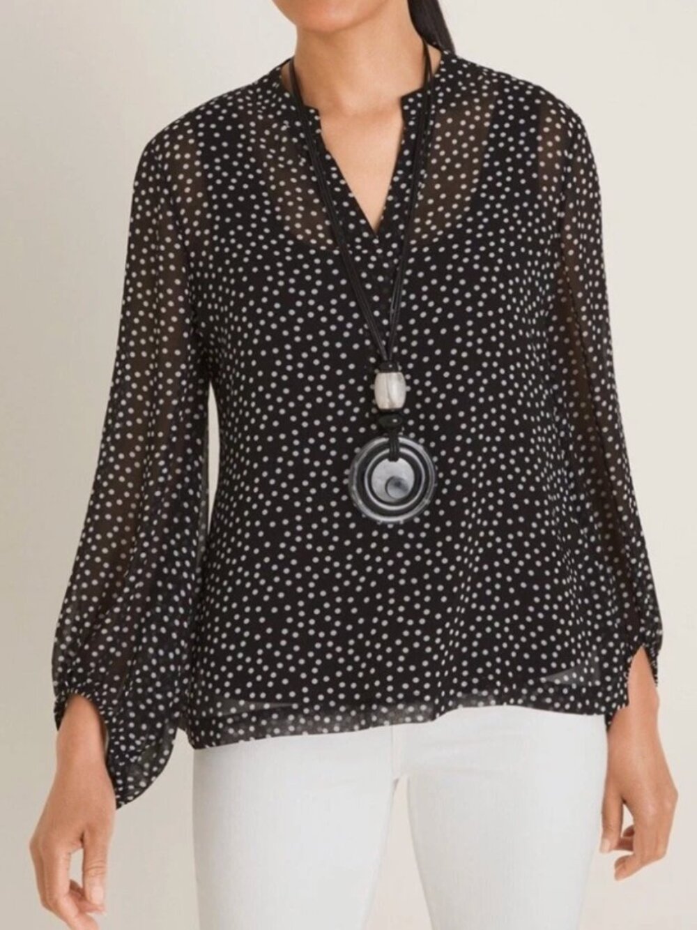 Chico's Sheer Polka Dot Bishop Sleeve Popover Blouse